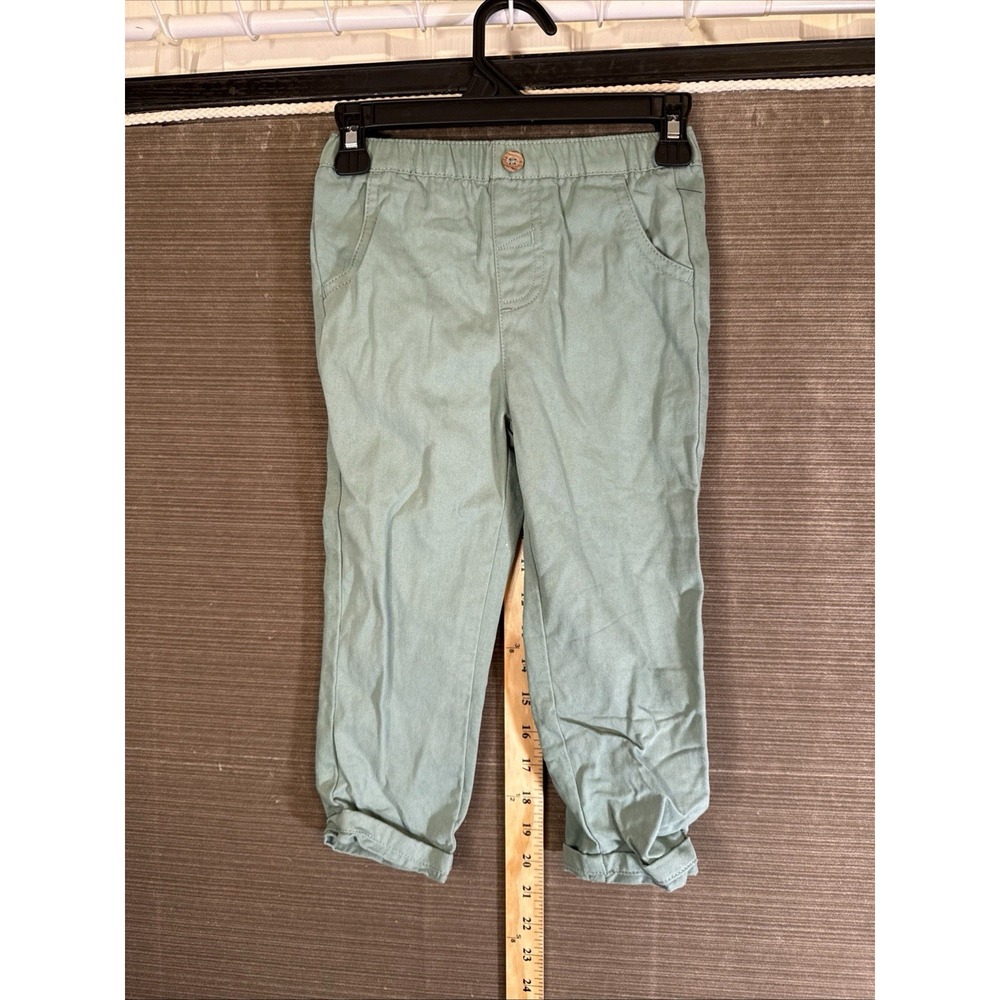 Jade green Pants Toddler 3T Solid Button Elastic Waist Casual Rolled Cuff.